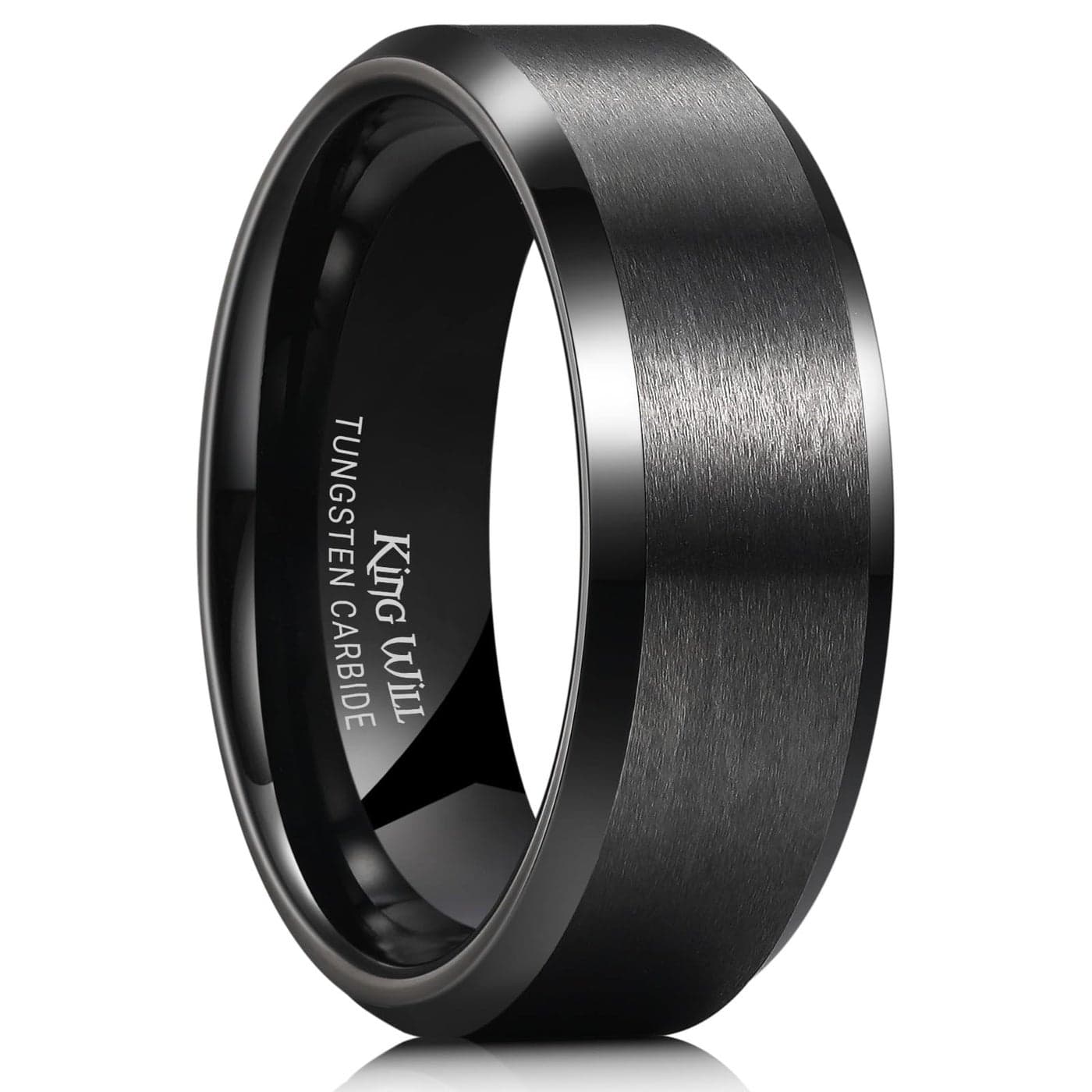 King Will 8mm Men's Black Wedding Ring - Brushed Matte Surface, Beveled Polished Edge, Comfort Fit Size 15.5
