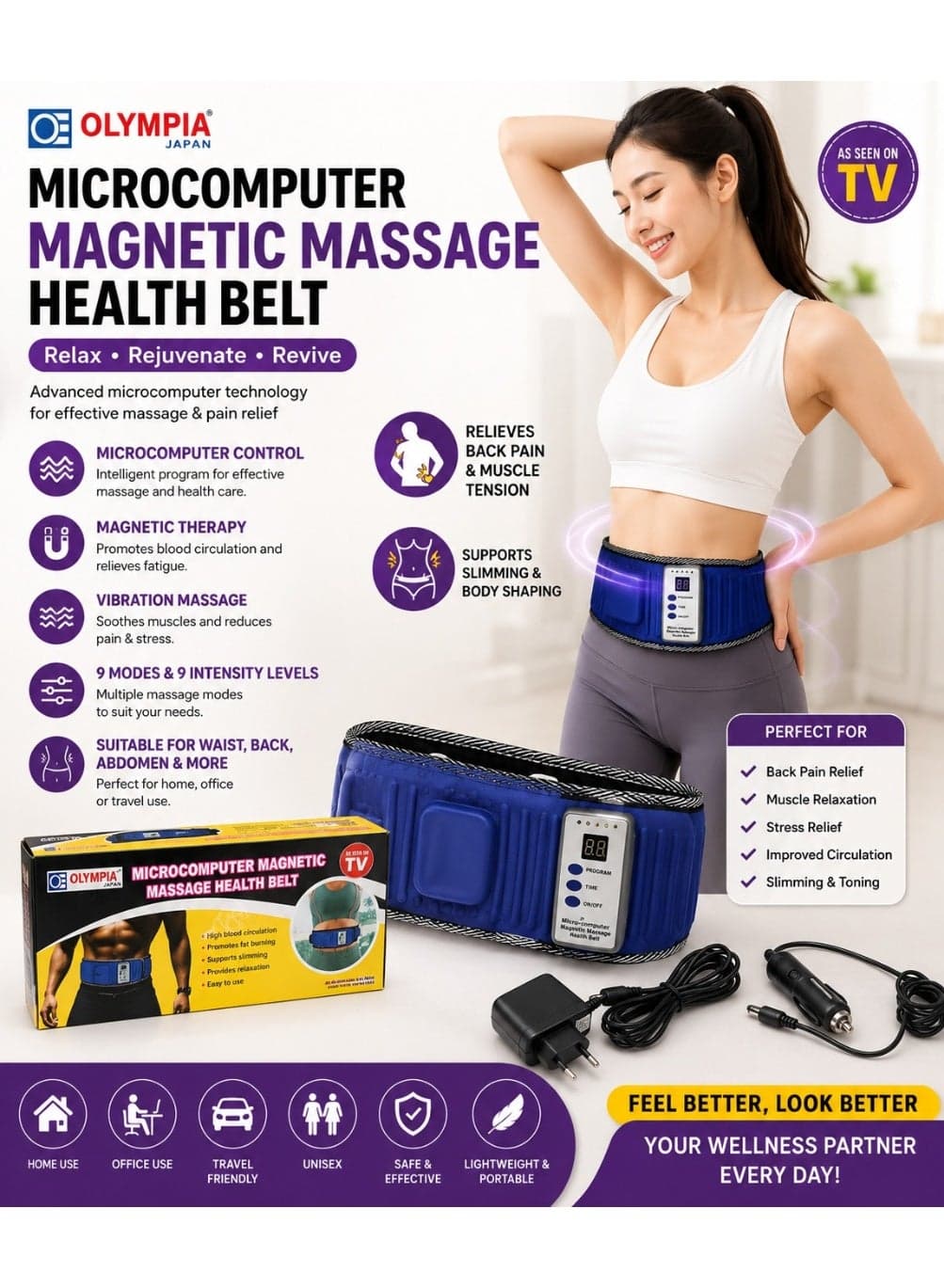 OLYMPIA Microcomputer Magnetic Massage Health Belt with 9 Massage Modes, 9 Intensity Levels, Vibration Massage, Magnetic Therapy, Digital Control for Waist, Back, Abdomen, Muscle Relaxation and Home Travel Use