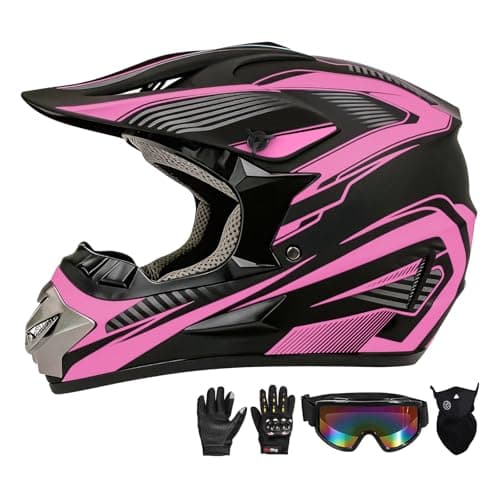 Youth Kids Motocross Helmet Full Face Motorcycle Dirt Bike OffRoad Mountain Bike BMX MX ATV HelmetDOT ApprovedWGloves Goggles Mask 4Pcs Set Pink S