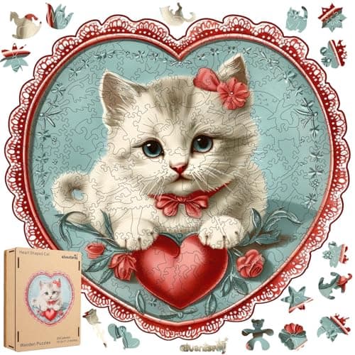 Qiuenisray Mothers Day Wooden Puzzle Sweet Heart Cat Love Jigsaw Puzzle 200 Piece Beautiful Puzzle Decor FSC Certified Unique Animal Shape Puzzle Pieces Gift for Woman and Girl 111x112 in