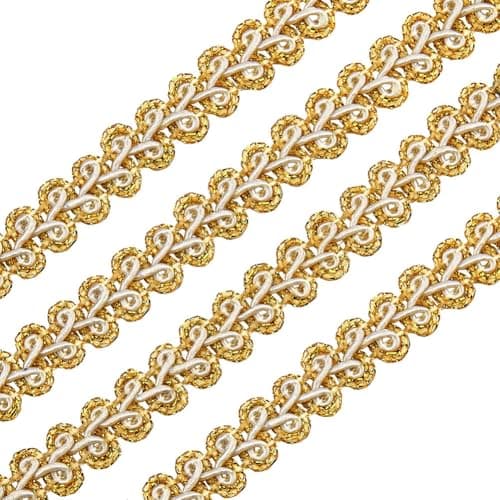 FINGERINSPIRE 20 Yards Metallic Braid Lace Trim 12mm Handmade Goldenrod Centipede Braid Trim Crafts Gold White Decorated Gimp Trim with Card for Curtain Slipcover DIY Clothes Jewelry Accessories