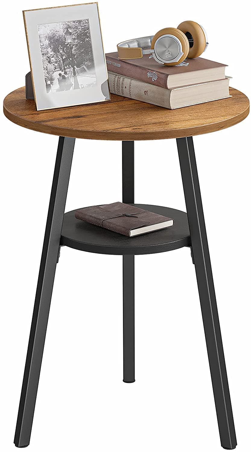 INDIAN DECOR 48141 Round SideTable 2Tier Rustic Vintage Table for Living Room Bedroom Metal Frames and Wooden Boards Black Frame
