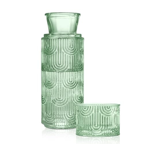 Bedside Water Carafe and Glass Set, 21.6 oz Glass Pitcher with 6 OZ Cup Drinking Cup as Lid, Mouthwash Dispenser for Bathroom, Bedroom Nightstand Serving Decanter Dispenser for Water, Juice, Tea