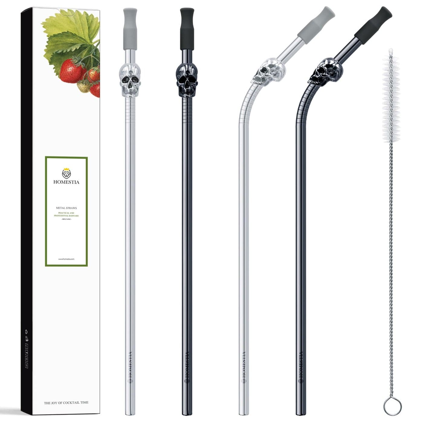 Homestia Stainless Steel Straw 105 Food Grade Reusable Metal Drinking Straws with 1 Cleaning Brush and Carry Pouch for Smoothie Milkshake Cocktail and Hot Drinks Skull Set of 4