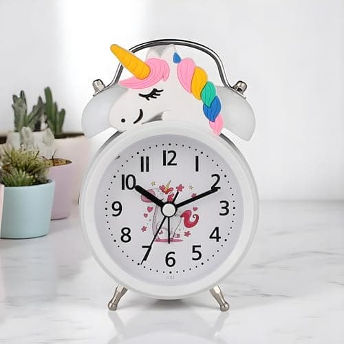 De'rons Twin Bell Analog Table Alarm Clock for Heavy Sleepers with Backlight Alarm Clock for Study Table Funny Cute Cartoon Unicorn Shape Alarm Clock for Girls Kids Boys Bedroom 9 x 13.5 cm (White)