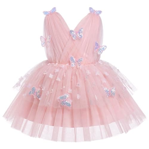 IMEKIS Butterfly Dress for Girls: 1st 2nd Birthday Outfit Cake Smash Baby Flower Girl Dress Wedding Guest Toddler Graduation Dress Kids Princess Sparkle Tulle Tea Party Easter Formal Pink 18-24 Months