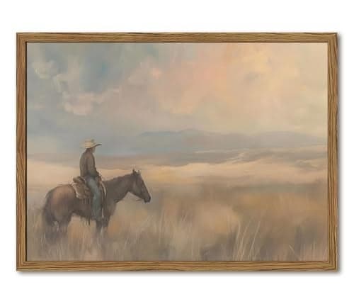 Vintage Western Cowboy Wall Art Cowboy on Horse Wall Decor Paintings Southwestern Landscape Poster Canvas Prints for Bedroom Farmhouse Living Room 12x16 inch Wood Framed