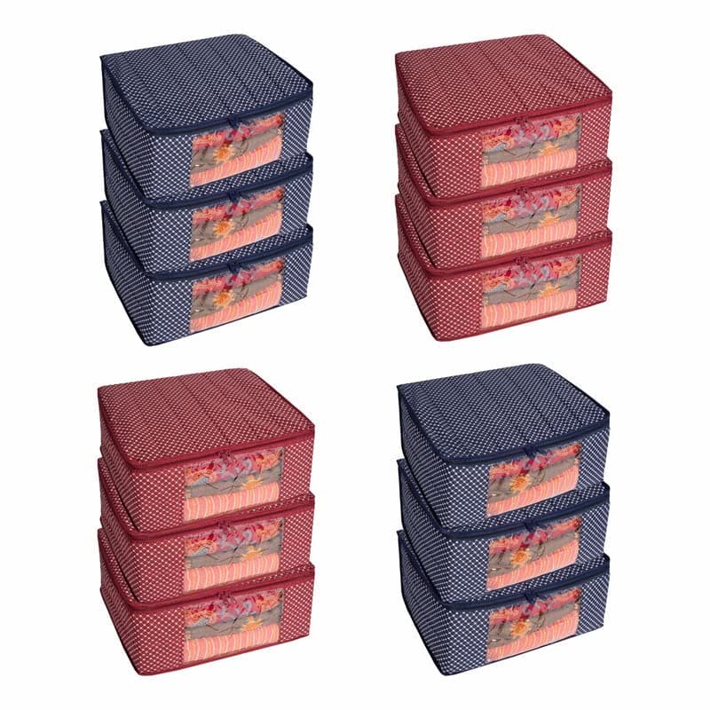 Homestrap Set of 6 Cotton Quilted Saree Covers Combo | 3-Layered Foldable Storage Bags with Transparent Window & Zip | Premium Wardrobe Organizer for Sarees, Lehengas, Dresses | Navy Blue & Maroon