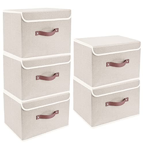 TYEERS Foldable Storage Boxes with Lids 5 Pack Fabric Storage Bins with Lids, Closet Organizers for Clothes Storage, Room Organization, Office Storage, Toys - Beige