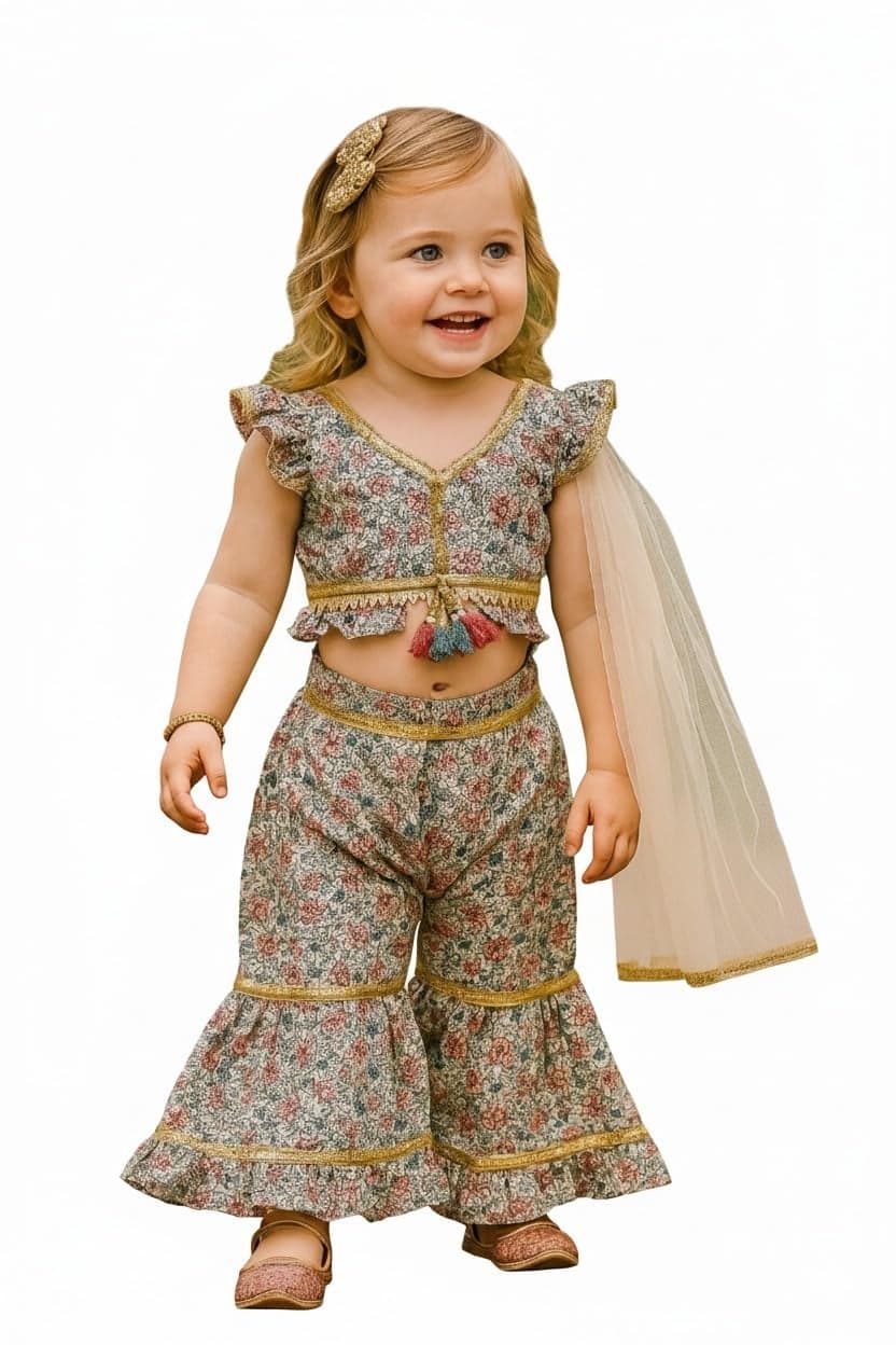 A.T.U.N. (ALL THINGS UBER NICE) Trendy Girls Crop Top and Sharara with Dupatta | Traditional Festive & Party Clothing Set