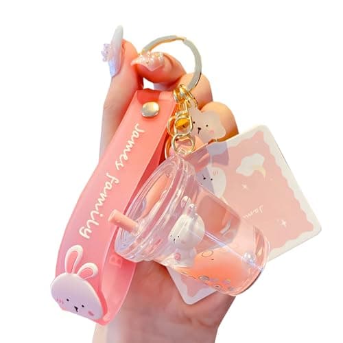 Rertnocnf Cute Kawaii Keychain Floating Cartoon Animals White Rabbit Milk Tea Cup Design Backpack Car Key Pendant Kids Girls Women Handbag Wallet Clear Glitter Liquid Key chain