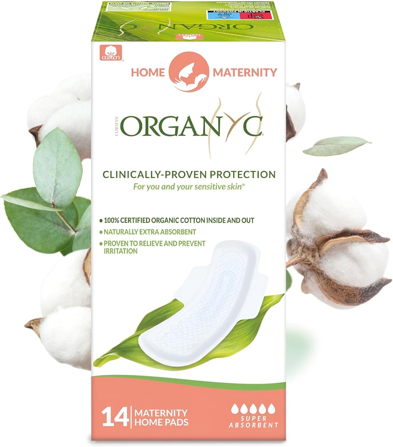 Organyc Home Postpartum Pads, Certified Organic Cotton Pads for Women, Large Pads for Heavy Flow Days After Childbirth, 14 Counts