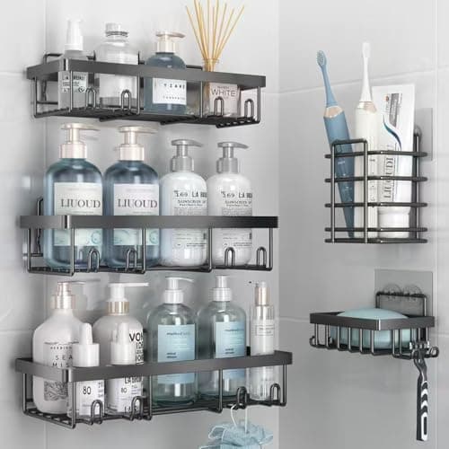 Liuoud 5 Pack Shower Caddy Organizer Rack Shelf for Inside Shower Self Adhesive Bathroom Wall Storage Basket Rustproof Stainless Steel Large Capacity Shampoo Holder Dark Grey