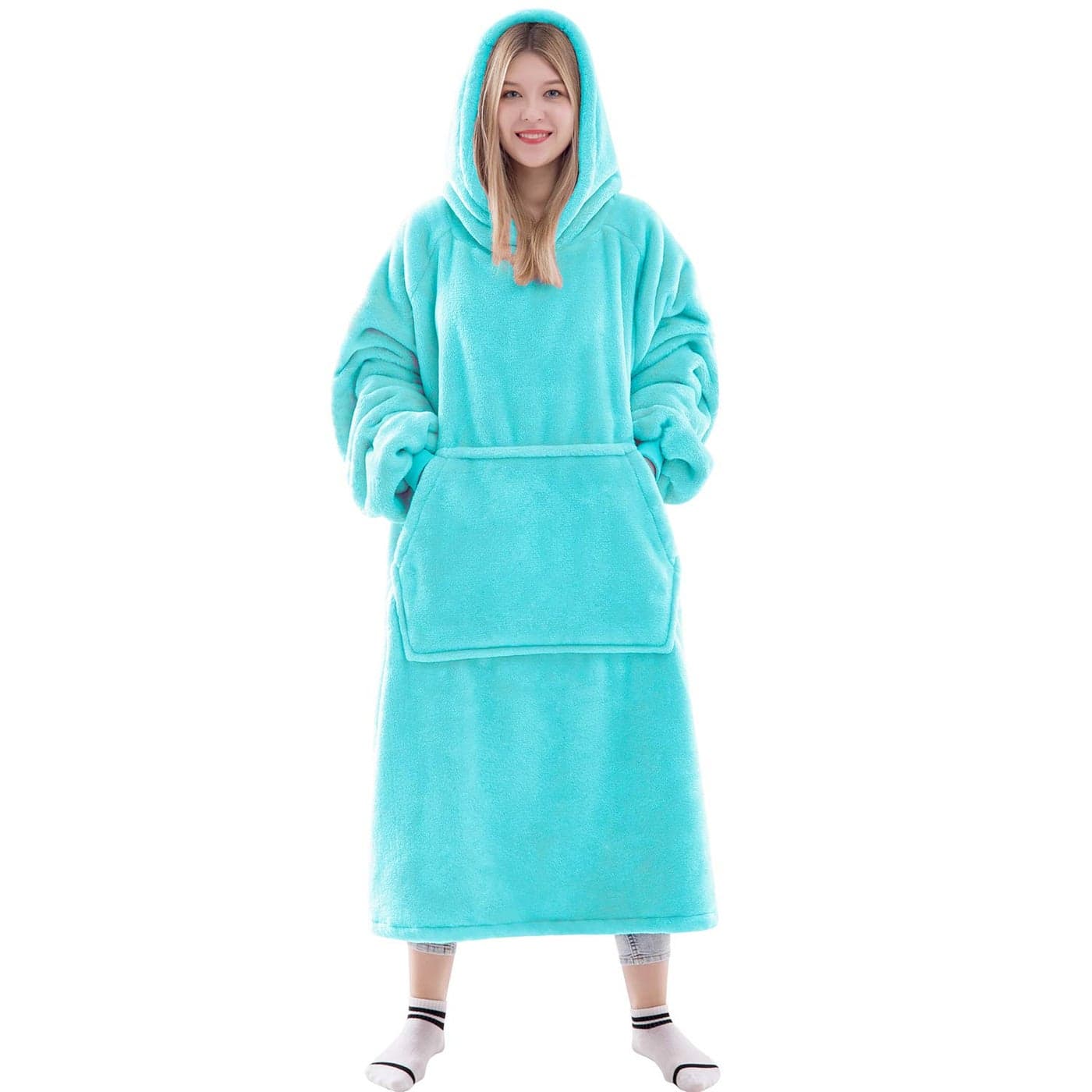 Waitu Wearable Blanket Sweatshirt for Women and Men Super Warm and Cozy Giant Blanket Hoodie Thick Flannel Blanket with Sleeves and Giant Pocket Cyan
