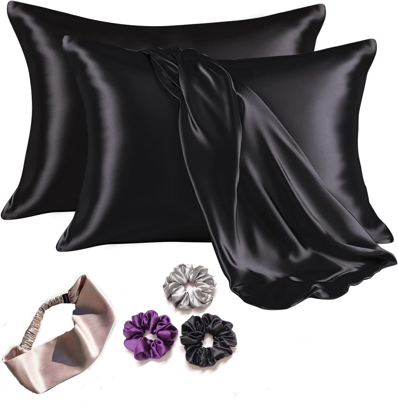 ARMOXA Solid 600 TC Satin Silk Pillow Cover for Hair and Skin 2 Piece with 3 Piece Satin Silk Scrunchies| 1 Silk Hair Band Free|Silk Pillow Covers with Envelope Closure(Black), 28 x 18 cm