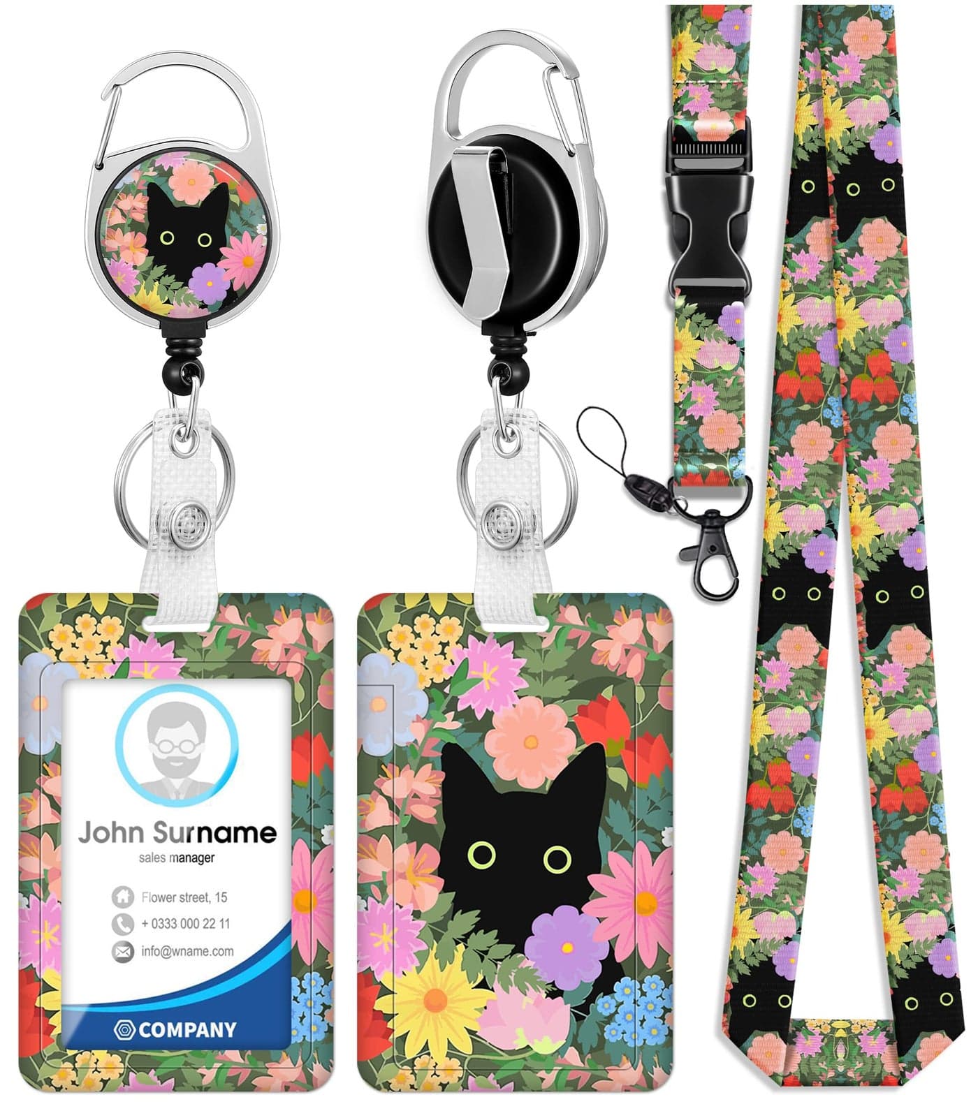 Toykee ID Badge Holder with Retractable Reel Clip, Cute Black Cat Flowers Floral Card Name Tag Lanyard Vertical ID Protector Bage for Nurse Nursing Doctor Teacher Student