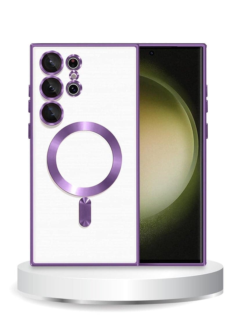 MagSafe Magnetic Wireless Charging Compatible Luxury Plating Case Cover With Camera Lens Protector For Samsung Galaxy S23 Ultra 5G – Shockproof, Scratch-Resistant, Slim Fit – Clear/Purple