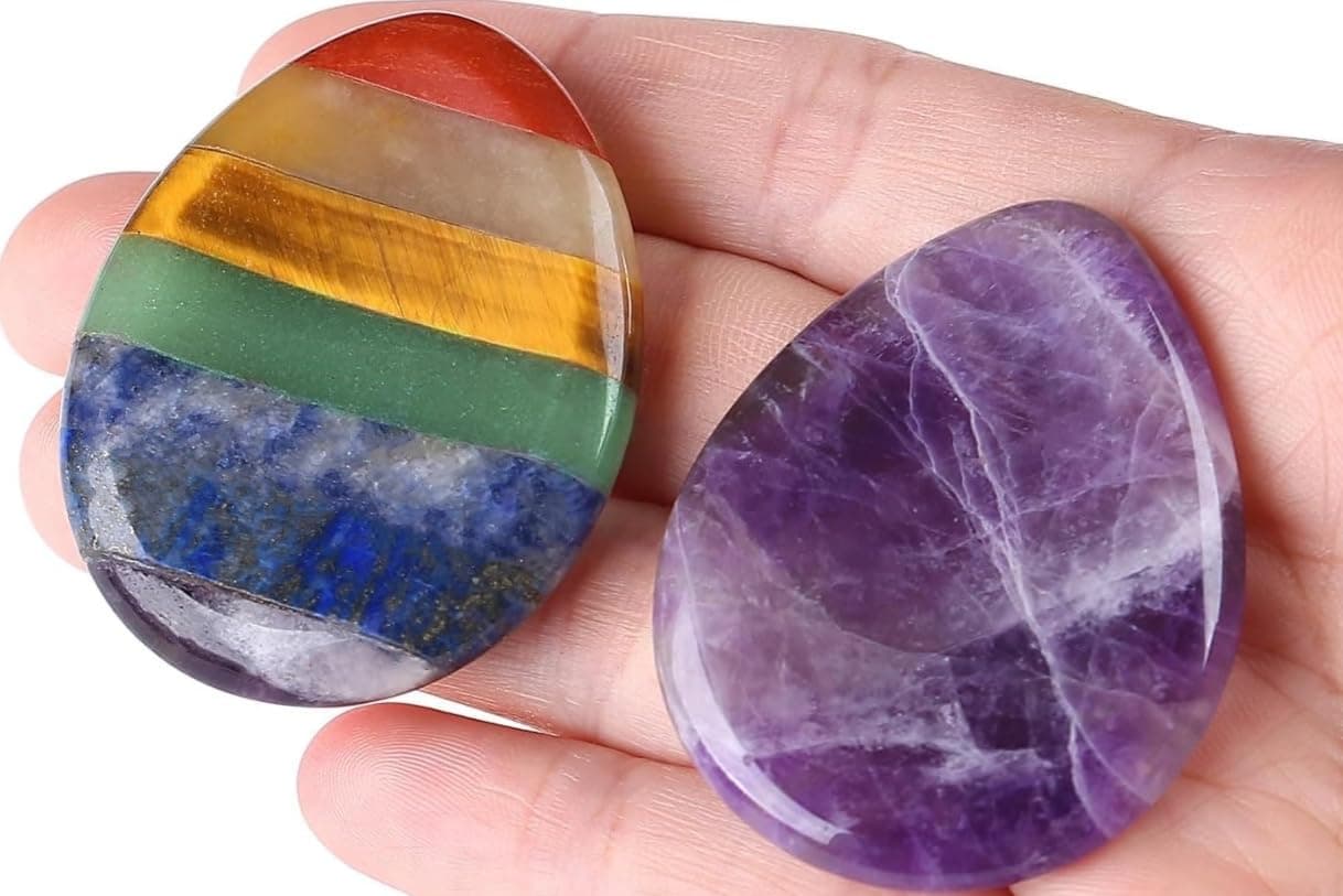 QINJIEJIE Thumb Worry Stones for Anxiety Amethyst Chakra Worry Stone Healing Crystals Water Drop Palm Worry Stone Pocket Gemstones Reiki Meditation Stress Relief Gift 2PCS