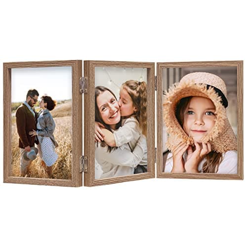 ORIVAN 4x6 Triple Picture Frame Hinged 3 Photos Folding Photo Frames with Glass Vertical Stand Frames, Wood Grain