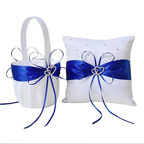 Amajoy 2pcs Wedding Set White Satin and Royal Blue Flower Girl Basket and Ring Pillow Set with Double Heart Rhinestone Decor