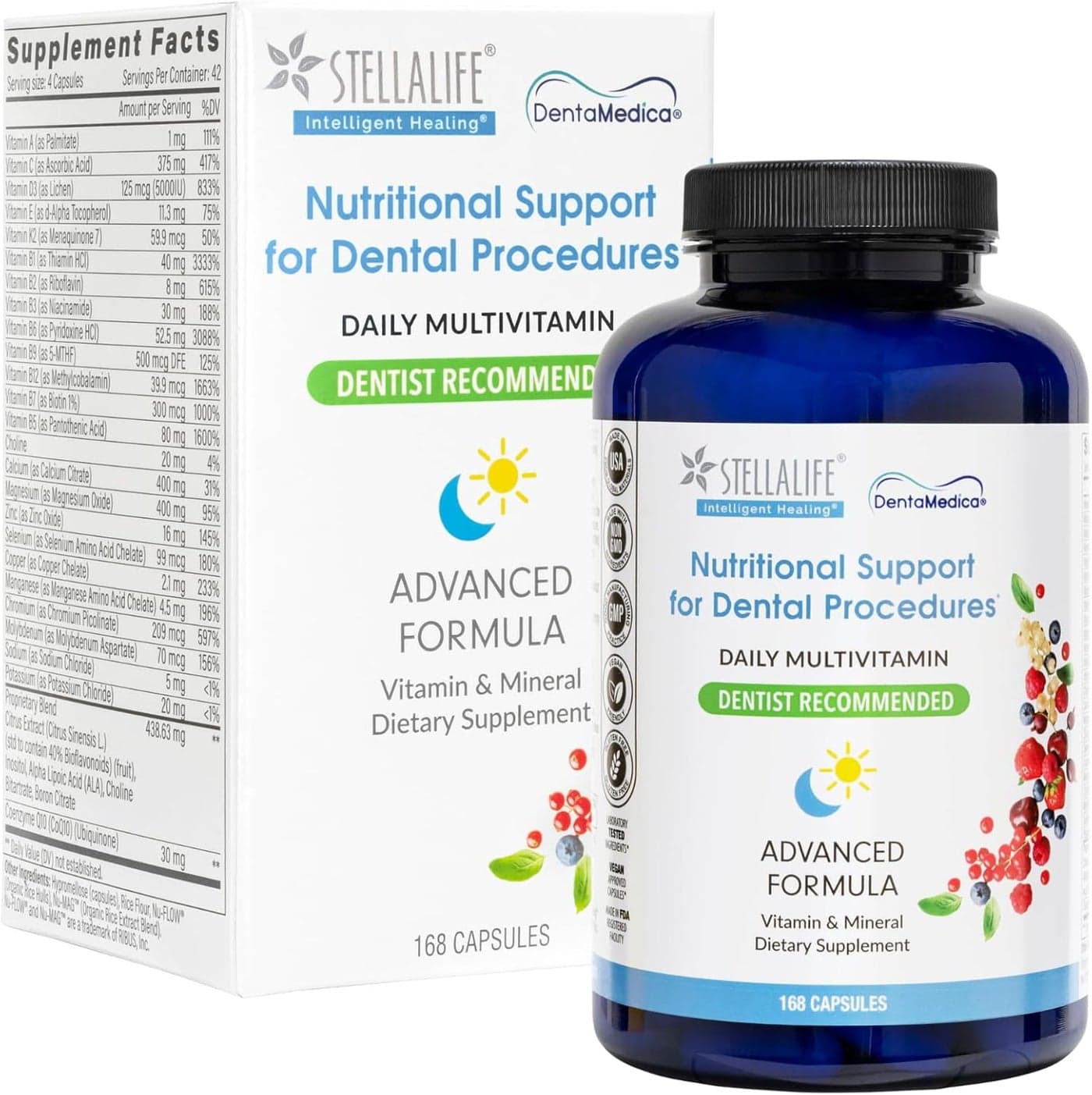 StellaLife DentaMedica Vegan Daily Multivitamin Nutritional Support for Faster Dental Surgery Recovery VIT D3 K2 C B Zinc CoQ10 Magnesium Healthy Bones Gums NonGMO GMP USA 168 Capsules
