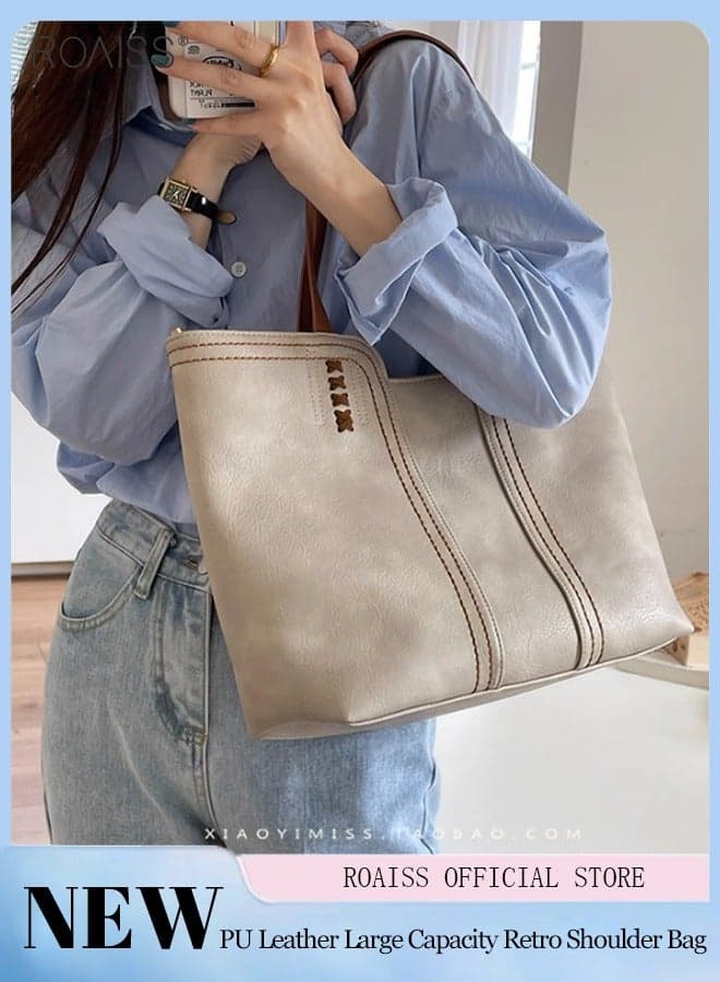 PU Leather Large Capacity Tote Bag, Fashionable Retro Large Capacity Shoulder Bag, Soft Leather Contrast Design Handbag Shopper, Beige