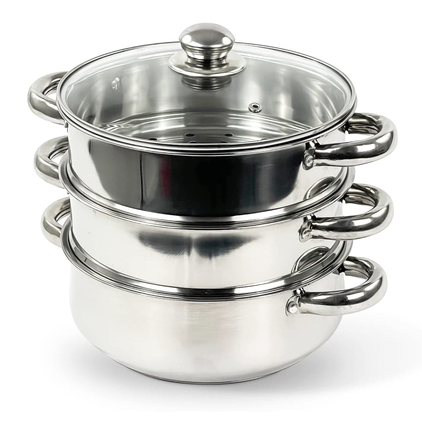 Crystals 3 Tier Stainless Steel Vegetable Steamer 22CM Induction Hob Steamer with Glass Lid Food Steamer Cooking EnergyEfficient Steam Cooker Pot Pan Set with Cool Handles
