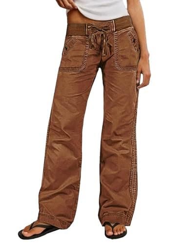 Flamingals Straight Leg Pants for Women Drawstring Waist Mid Rise Casual Solid Seam Detail Pant Brown XL