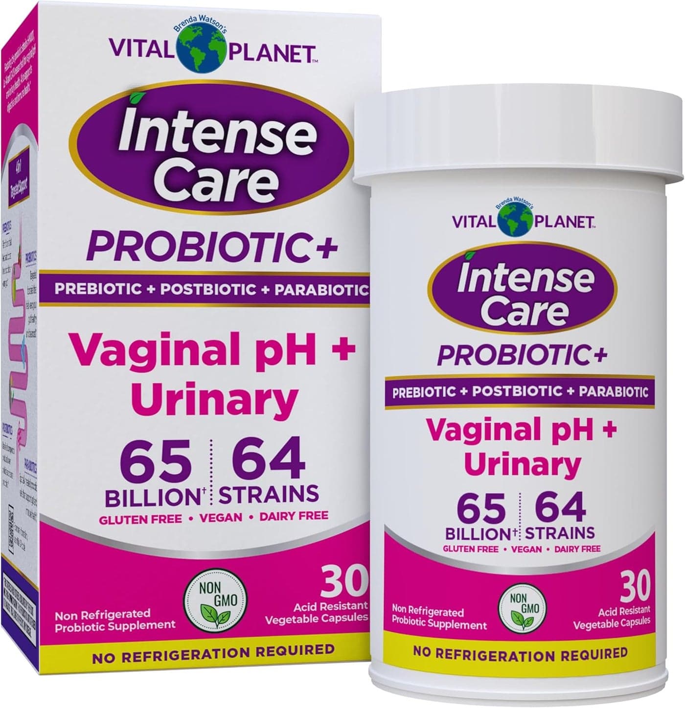 Vital Planet Intense Care Vaginal pH Urinary Probiotics for Women Plus Organic Prebiotics Postbiotics and Parabiotics 65 Billion CFU and 64 Strains Immune and Digestive Health 30 ct