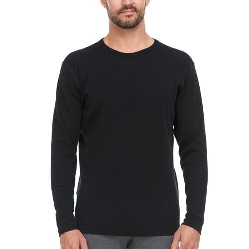 100% Merino Wool - Men's Midweight Long Sleeve Crew Shirt - Thermal Base Layer - NO Itch Renewable Fabric - Black - Large