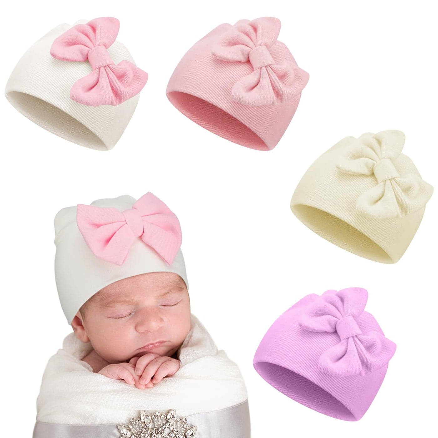 Cuffbow 4 Pcs Preemie Hats Bow Preemie Cap Warm Premature Baby Hat Cotton Preemie Beanie Hat for Preemie Newborn 3-7 Lbs (Cute Color)