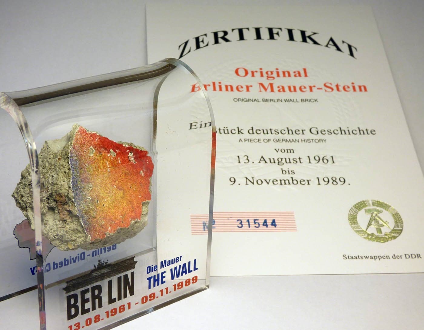 Original Piece of the REAL BERLIN WALL Mounted in Acrylic Display with Certificate of Authenticity Authentic Historic German Artifact Souvenir from Europe MEDIUM 3X3 Divided City Theme