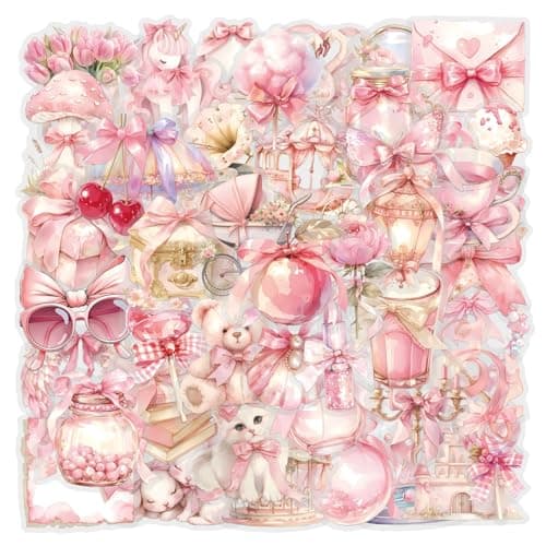 60 Pcs Clear PET Pink Coquette Aesthetic Stickers for Scrapbooking Journaling Junk Journal Scrapbook Supplies Waterproof Transparent for Resin Crafts Decorative Pink62