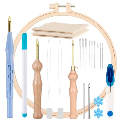 MSDADA 21-Piece Punch Needle Set, Adjustable Tool, Wooden Handle Embroidery Pens, Hoops, Cloth, Perfect for Adult Beginners & Gifts (Blue)