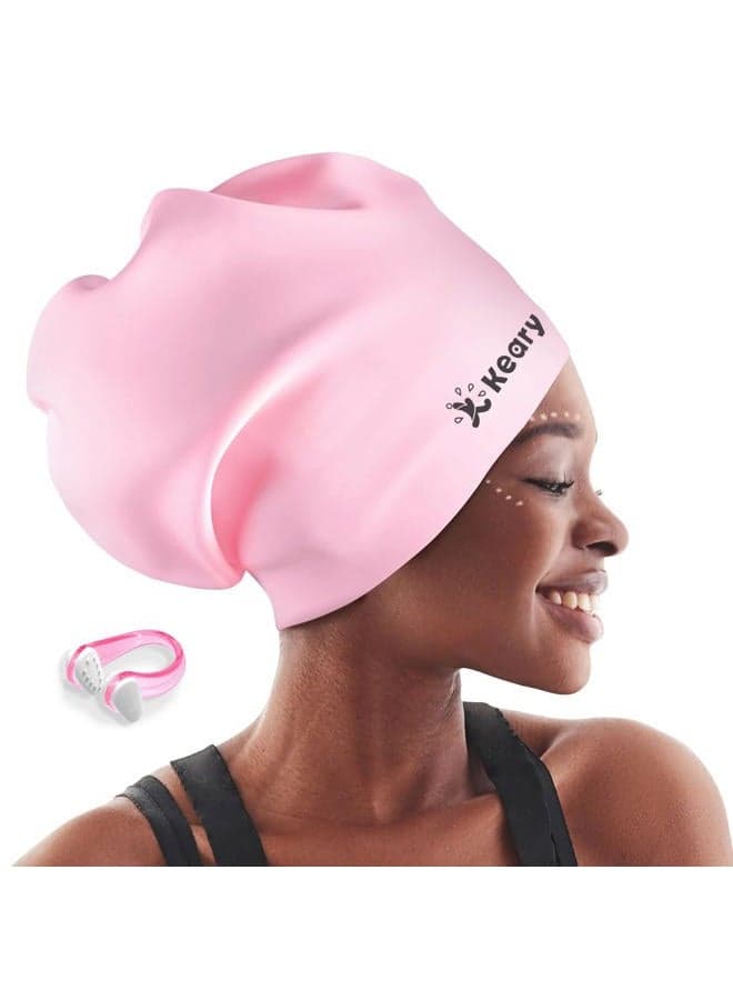 Extra Large Swim Cap for Braids and Dreadlocks Afro Hair Extensions Weave Long Hair, Waterproof Silicone Cover Ear Bath Pool Shower Swimming Cap for Women Men Youth Kids Girl , Pink, One size
