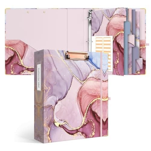 Ospelelf 3 Ring Binder, 2 Inch Letter Size (11" x 8.5") with 5 Tab Dividers, File Folder Labels and Low Profile Clipboards, Pink Marble Binder for School and Office Supplies