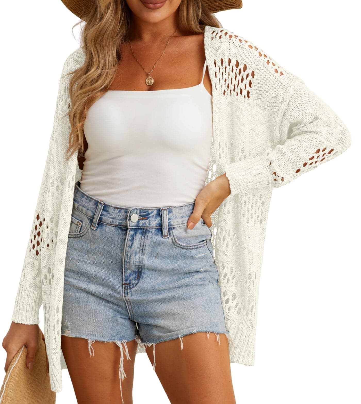 GRECERELLE Women 2025 Summer Crochet Long Sleeve Boho Oversized Open Front Cardigan Sweaters Outwear White Small