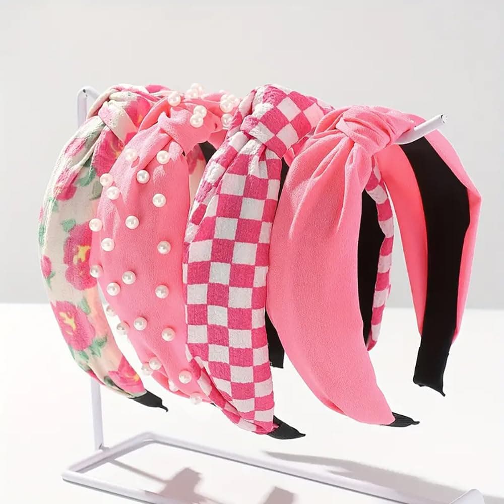 Huachi Hot Pink Headbands for Women Girls 4 Packs Cute Flower Printed Knotted Head Bands for Women s Hair Non Slip Fashion Wide Top Knot Women Hairbands Girls Pink Trendy Stuff Hair Accessories