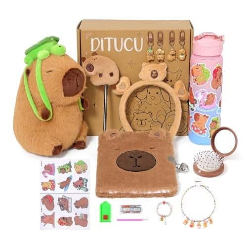Ditucu Turtle Capybara Plush Gifts for Girls 4 5 6 7 8 9 10 Years Old with Stuffed AnimalStickersWater BottleKeychainsDiaryPenHeadbandCombNecklaceBracelet Plushies Toys Set