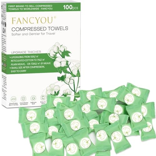 Fancyou Compressed Towel Tablets for Travel 100 Pcs, Thicken 100% Cotton Disposable Face Towel Individually Wrapped, Compact Portable Mini Reusable Clean Washcloths for Camping Gym Home Beauty(Green)
