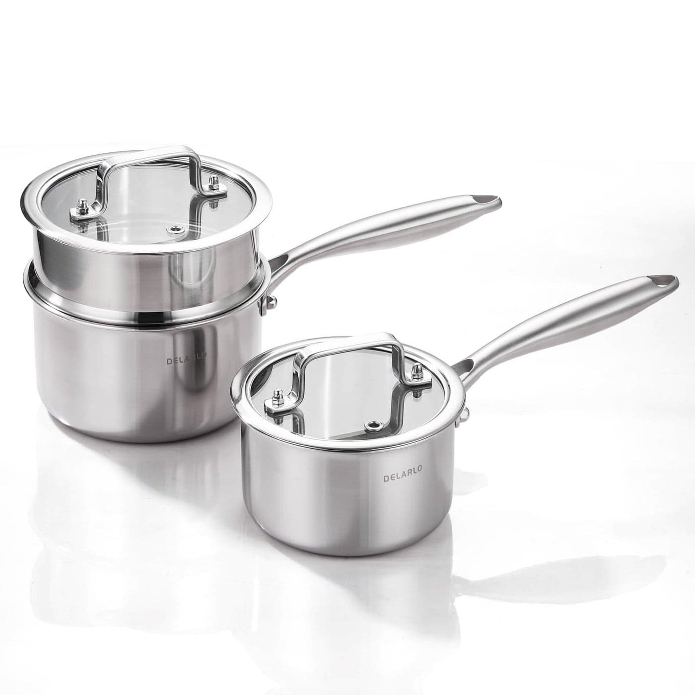 DELARLO Sauce Pan Sets Compatible with All Cooktops 600 Full Clad Triply Stainless Steel Saucepan 1QT Pot 2 QT Pot with Steamer Lids 300