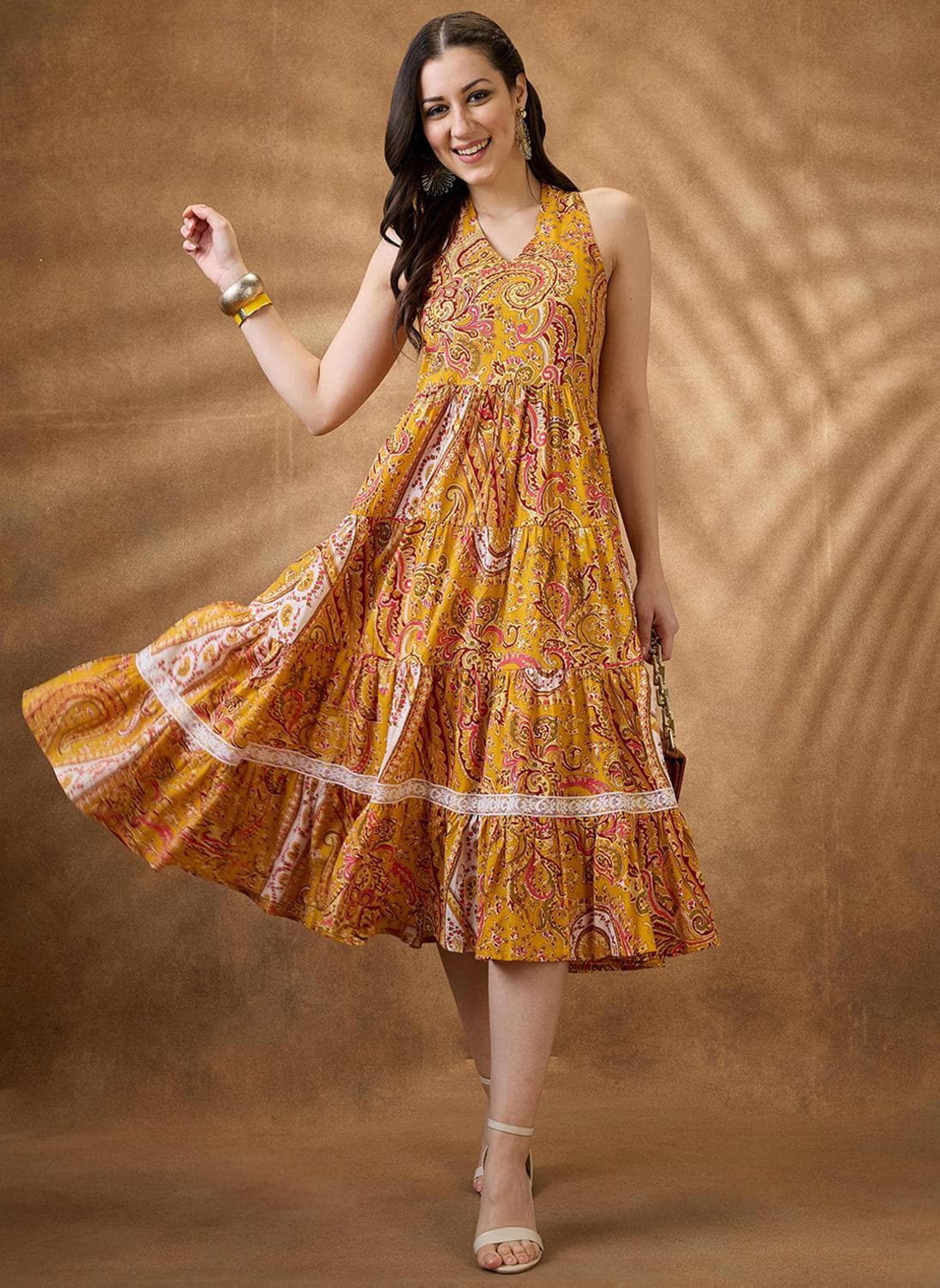 Globus Women Yellow Paisley Print Halter Neck Fit And Flare Midi Fusion Dress