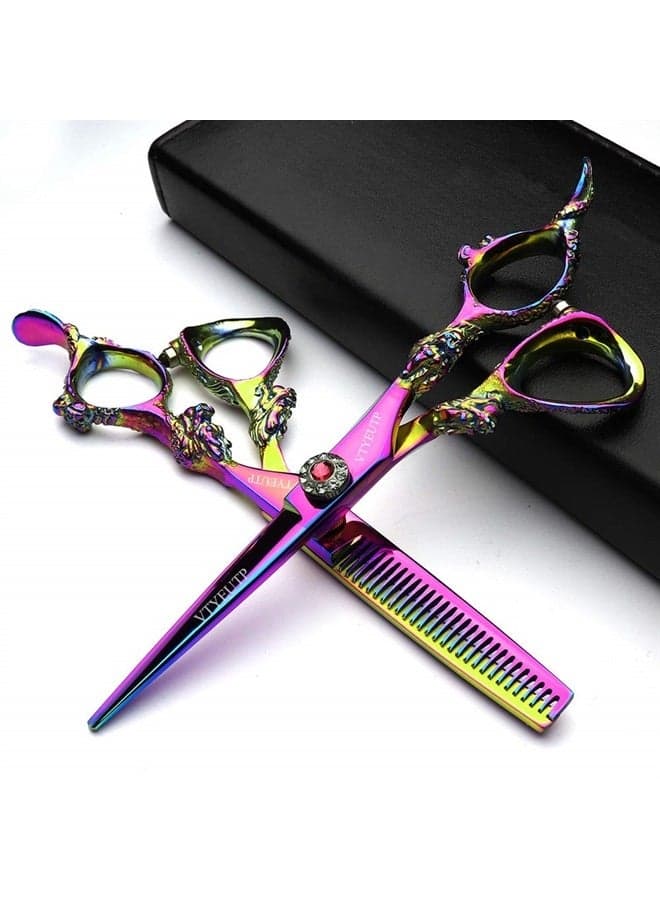 Professional 6.0 Inch Rainbow color Dragon Handle 440C Salon Hair Cutting Shear Thinning scissors, Perfect for Barber Stylist and Home Use(scissors set)