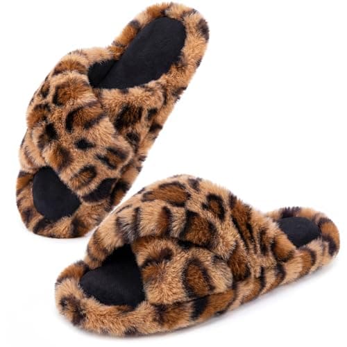 Snug Leaves Women's Fluffy Cross Band Open Toe Slippers with Indoor Outdoor Non Slip Sole Brown Cheetah,11-12 US