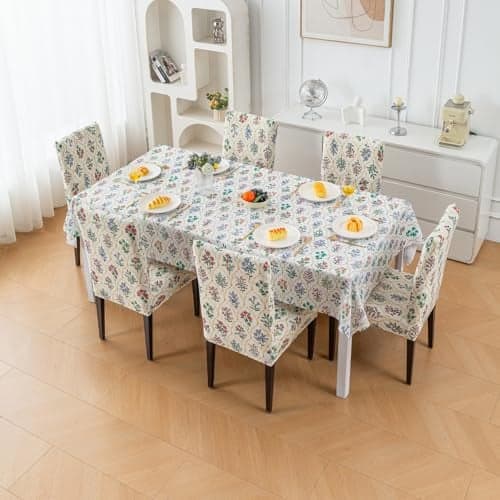 House of Quirk Polyvinyl Chloride (Pvc) Rectangular Dining Chair Cover With Table Covers For Kitchen Waterproof Dining Table Cloth (White Leaf, 1 Table Cover + 6 Chair Cover)
