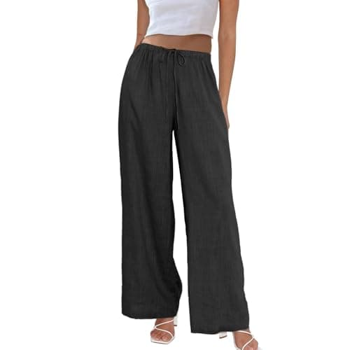 Duyang Womens Cotton Linen Palazzo Pants Drawstring Elastic Waist Casual Wide Leg Trousers with Pockets(Black,L)