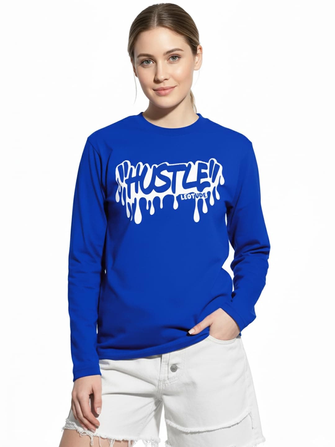 LEOTUDE Womens Boyfriend/Loose Fit Round Neck Cottonblend Full Sleeve T-Shirts (GRL32_BLK_Groovy_P_Blue_XL)