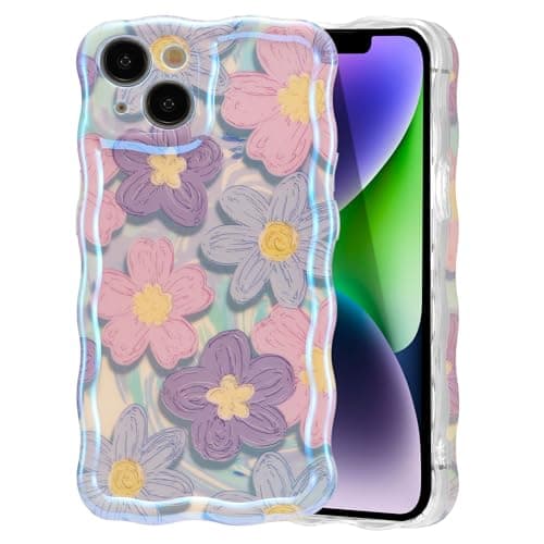 EYZUTAK Case for iPhone 13 Colorful Retro Oil Painting Flower Laser Glossy Design Cute Curly Waves Edge Exquisite Phone Cover Stylish Durable TPU Protective Case for Girls Women Pink Purple