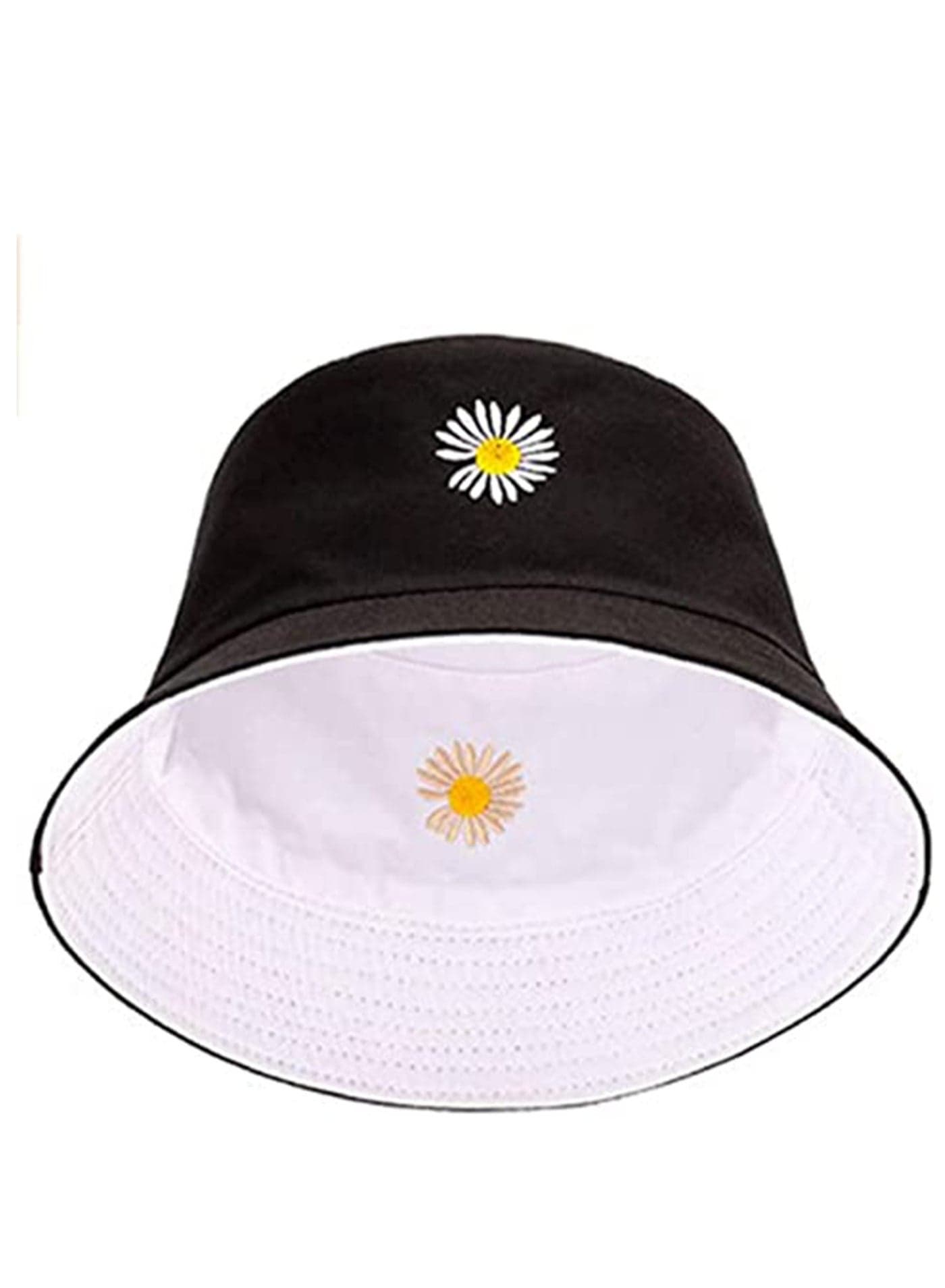 Flower Reversible Bucket Hats, Summer Travel Embroidery Beach Sun Hats for Women Teens Boys Girls Sun Visor Outdoor Cap Black