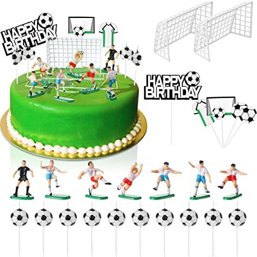 24 Pieces Soccer Cake Topper Decorations Soccer Happy Birthday Cake Topper and Ball Candles with Team Player Goalie Sports Theme Party Supplies Birthday Decorations for Men Boys